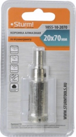 Алмазная коронка для мокрого сверления Sturm 1055-10-2070 по керамограниту 20х70 мм, хвост. с проточками