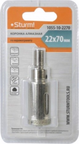 Алмазная коронка для мокрого сверления Sturm 1055-10-2270 по керамограниту 22х70 мм, хвост. с проточками