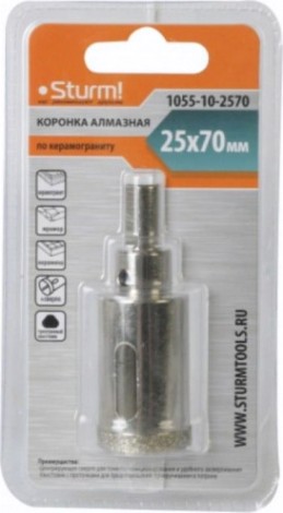 Алмазная коронка для мокрого сверления Sturm 1055-10-2570 по керамограниту 25х70 мм, хвост. с проточками