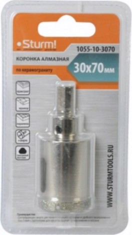 Алмазная коронка для мокрого сверления Sturm 1055-10-3070 по керамограниту 30х70 мм, хвост. с проточками