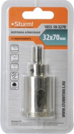 Алмазная коронка для мокрого сверления Sturm 1055-10-3270 по керамограниту 32х70 мм, хвост. с проточками