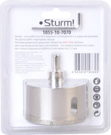 Алмазная коронка для мокрого сверления Sturm 1055-10-7070 по керамограниту 70х70 мм, хвост. с проточками