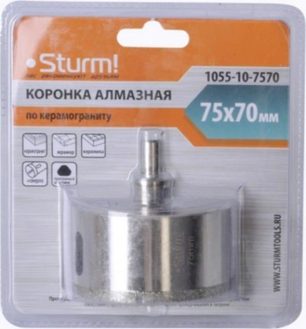 Алмазная коронка для мокрого сверления Sturm 1055-10-7570 по керамограниту 75х70 мм, хвост. с проточками