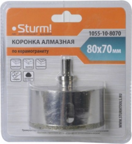 Алмазная коронка для мокрого сверления Sturm 1055-10-8070 по керамограниту 80х70 мм, хвост. с проточками