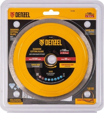 Алмазный диск для резки керамики Denzel сплошной, супертонкий, 180х25,4 мм, мокрый рез [73158]