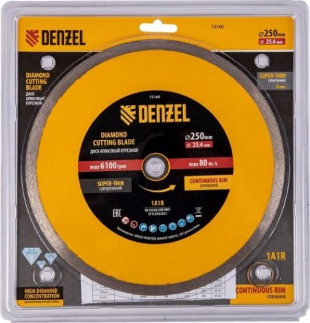 Алмазный диск для резки керамики Denzel сплошной, супертонкий, 250х25,4 мм, мокрый рез [73160]