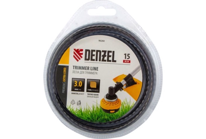Леска триммерная Denzel EXTRA CORD двухкомпонентная зубчатый квадрат, 3,0 мм х 15 м. [96260]