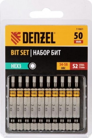 Набор бит Denzel HEX 3х50 сталь s2, шестигранный профиль, 10 шт. [11661]