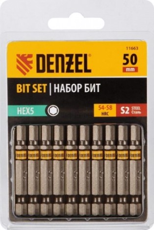 Набор бит Denzel HEX 5х50 сталь s2, шестигранный профиль, 10 шт. [11663]