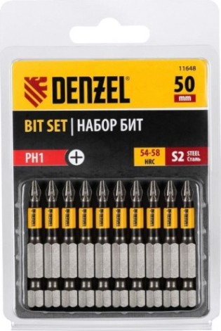 Набор бит Denzel PH1х50 сталь s2, круглый профиль, 10 шт. [11648]