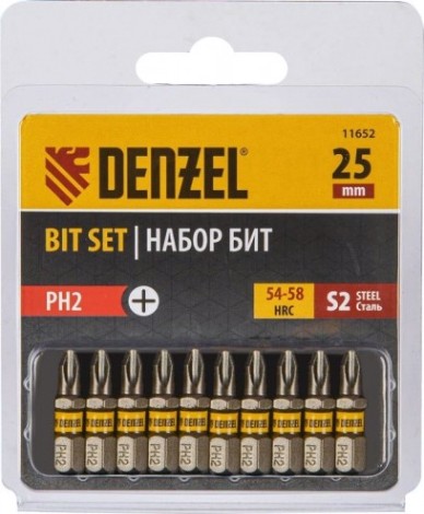Набор бит Denzel PH2х25 сталь s2, шестигранный профиль, 10 шт. [11652]