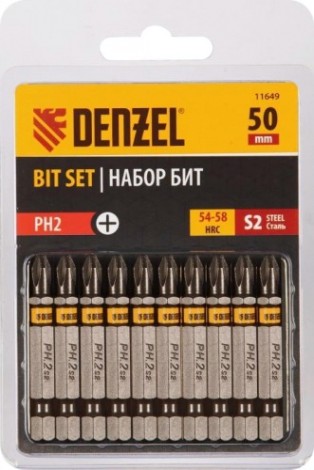 Набор бит Denzel PH2х50 сталь s2, шестигранный профиль, 10 шт. [11649]