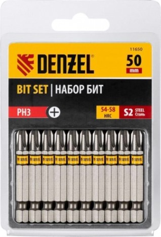 Набор бит Denzel PH3х50 сталь s2, шестигранный профиль, 10 шт. [11650]