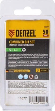 Набор бит Denzel pz1, pz2, pz3, 50 мм, комбиниров pz1, pz2, pz3, 50 мм, комбинированный 3 шт. [11677]