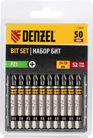 Набор бит Denzel PZ1х50 сталь s2, шестигранный профиль, 10 шт. [11655]