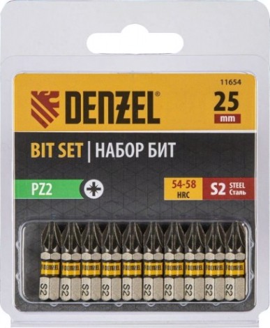 Набор бит Denzel PZ2х25 сталь s2, шестигранный профиль, 10 шт. [11654]
