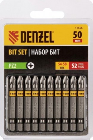 Набор бит Denzel PZ2х50 сталь s2, шестигранный профиль, 10 шт. [11656]