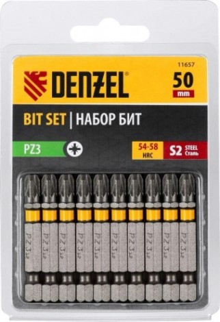 Набор бит Denzel PZ3х50 сталь s2, шестигранный профиль, 10 шт. [11657]