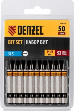 Набор бит Denzel SL5,0х50 сталь s2, шестигранный профиль, 10шт. [11659]