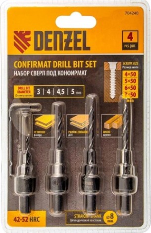 Набор сверл по дереву Denzel 3-5 мм под конфирмат, 4 шт [704240]