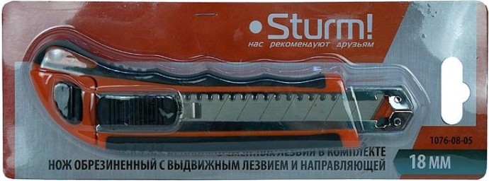 Нож для строительных работ Sturm 1076-08-05 18мм, автомат. смена лезвий, 3 лезвия, доп. фиксат Нож для строительных работ Sturm 1076-08-05 18мм, автомат. смена лезвий, 3 лезвия, доп. фиксат