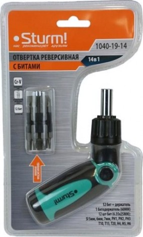 Отвертка с битами Sturm 1040-19-14 реверсивная битодерж. в ручке 14 в 1