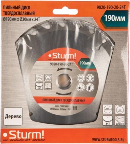Пильный диск по дереву Sturm 9020-190-20-24T 190x20/16x24 зуба Пильный диск по дереву Sturm 9020-190-20-24T 190x20/16x24 зуба