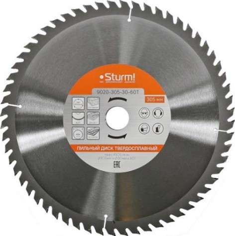 Пильный диск по дереву Sturm 9020-305-30-60T 305x30x60 зубьев, твердосплавные напайки