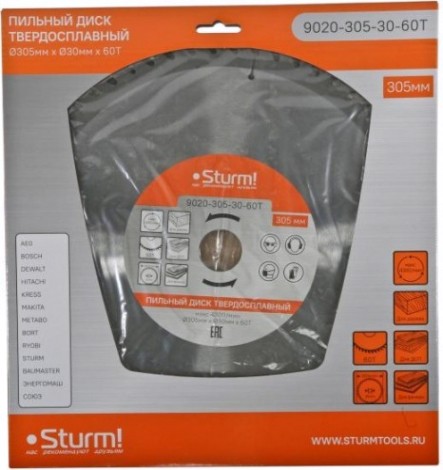 Пильный диск по дереву Sturm 9020-305-30-60T 305x30x60 зубьев, твердосплавные напайки Пильный диск по дереву Sturm 9020-305-30-60T 305x30x60 зубьев, твердосплавные напайки