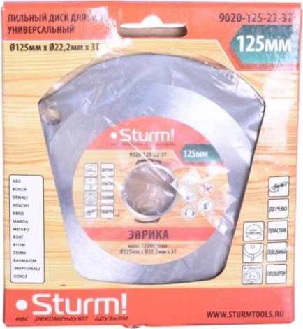 Пильный диск универсальный Sturm 9020-125-22-3T для ушм, 125x22x3 зуба (дерево, пластик, гипсокарт
