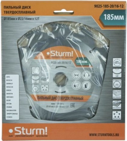 Пильный диск универсальный Sturm 9025-185-20/16-12 зубьев, (дерево, ламинат, остатками цемента) Пильный диск универсальный Sturm 9025-185-20/16-12 зубьев, (дерево, ламинат, остатками цемента)