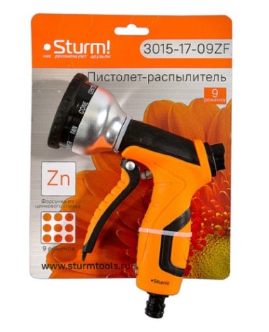 Пистолет для полива Sturm 3015-17-09ZF 9 режимов, форсун цинк, корп с резин покрыт Пистолет для полива Sturm 3015-17-09ZF 9 режимов, форсун цинк, корп с резин покрыт