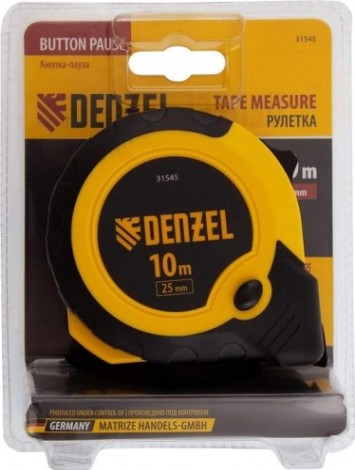 Рулетка DENZEL 10мх25мм, двухкомп. корпус, кнопка-пауза [31545]