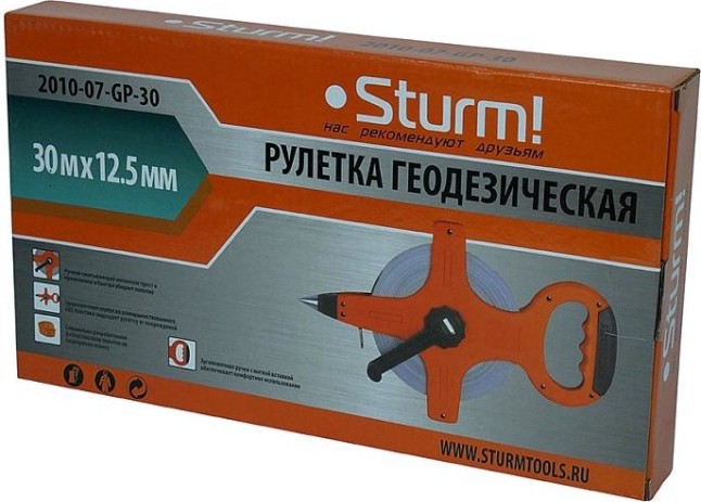 Рулетка Sturm 2010-07-GP-30 геодезическая 30 м, фибергласс Рулетка Sturm 2010-07-GP-30 геодезическая 30 м, фибергласс