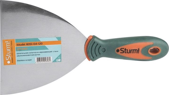 Шпатель Sturm 8051-04-120 из нержавеющей стали 120мм, 2-х компонентная рукоя Шпатель Sturm 8051-04-120 из нержавеющей стали 120мм, 2-х компонентная рукоя