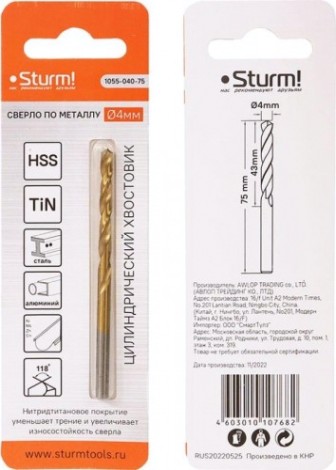 Сверло по металлу Sturm 1055-040-75 4,0х75 мм, нитридтитан., 118° Сверло по металлу Sturm 1055-040-75 4,0х75 мм, нитридтитан., 118°