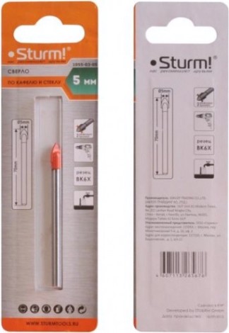 Сверло по стеклу и керамике Sturm 1055-03-05 круглый хвостовик, 2 грани Сверло по стеклу и керамике Sturm 1055-03-05 круглый хвостовик, 2 грани
