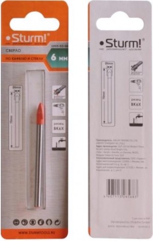 Сверло по стеклу и керамике Sturm 1055-03-06 круглый хвостовик, 2 грани Сверло по стеклу и керамике Sturm 1055-03-06 круглый хвостовик, 2 грани